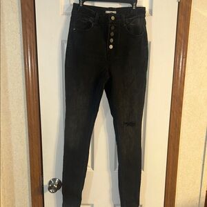 Black High Rise Skinny Jeans with Distressed Knee